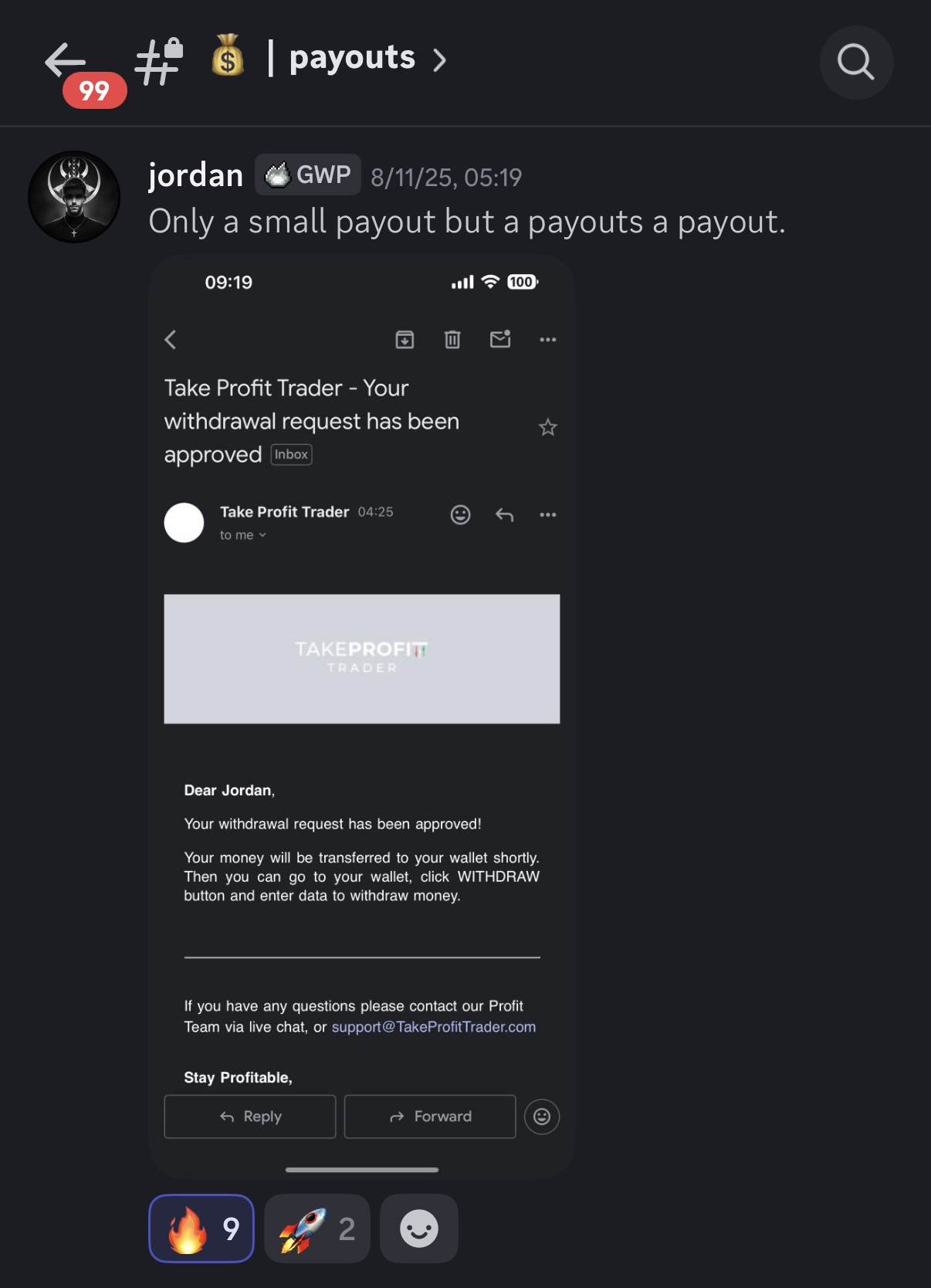 Take Profit Trader — withdrawal request approved email