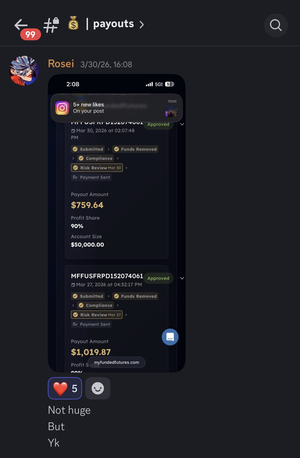 MyFundedFutures approved payouts — $759.64 and $1,019.87