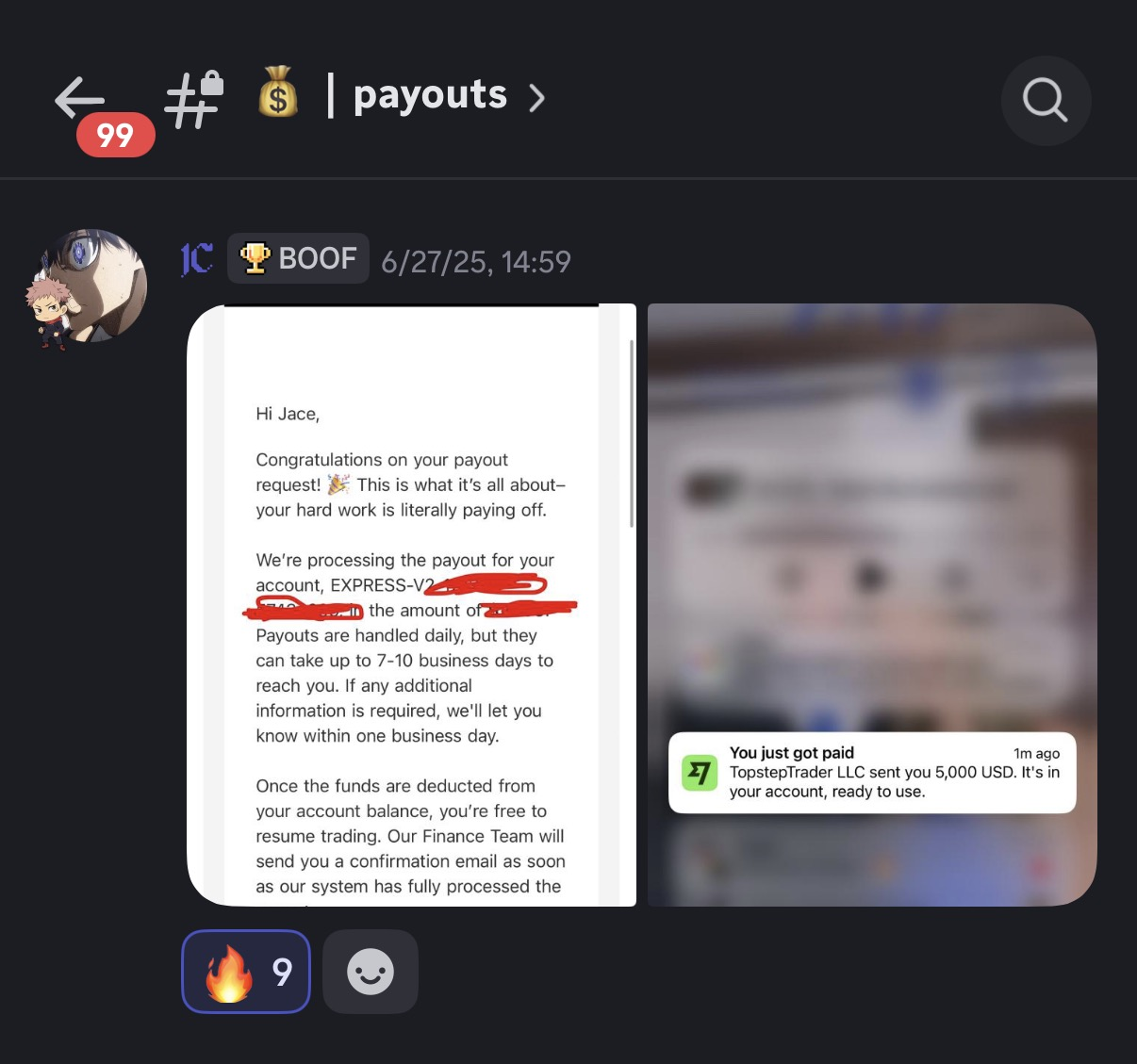Topstep payout email plus a 'You just got paid' $5,000 notification