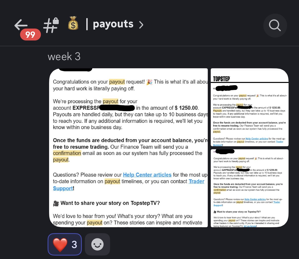 Week 3 — multiple Topstep payout confirmations ($1,250, $1,235, $1,236)