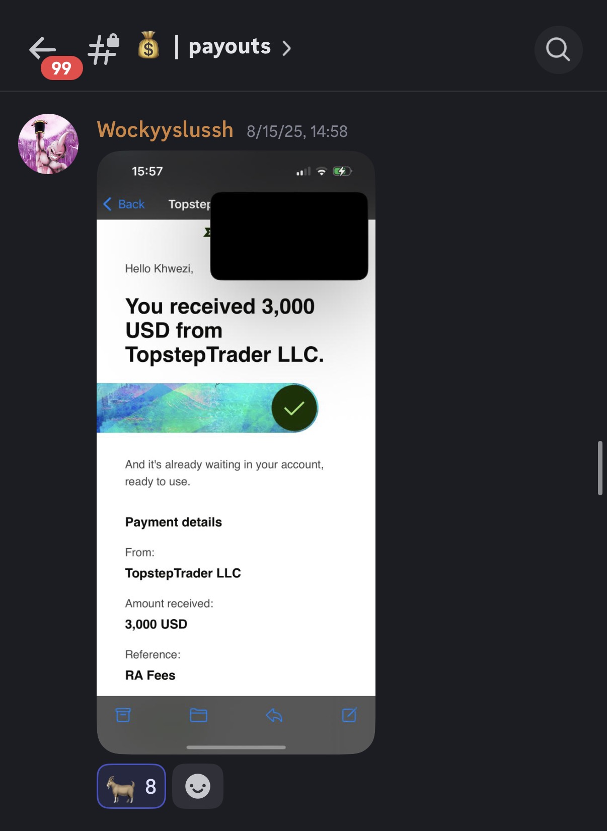 Wise email — received 3,000 USD from TopstepTrader LLC