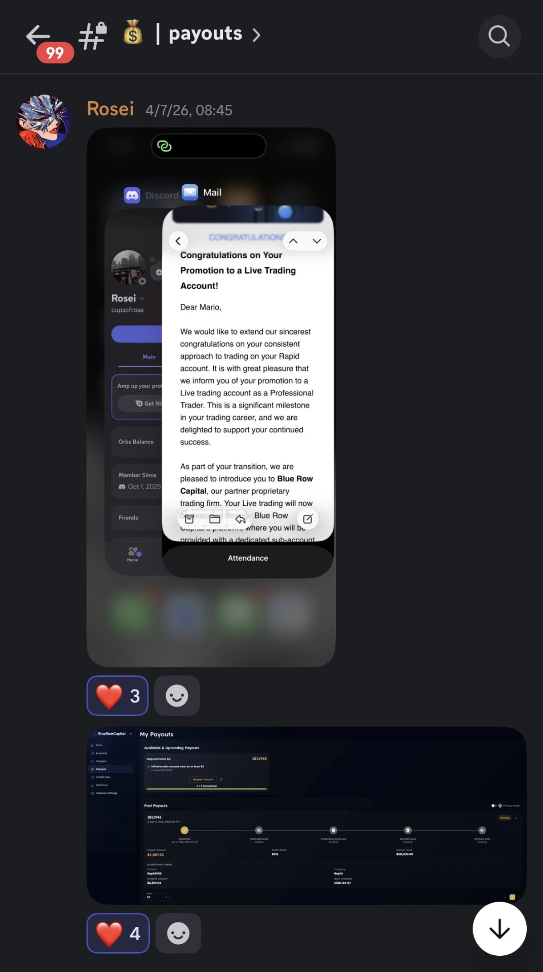 Promotion to live trading account and Blue Row Capital payout dashboard