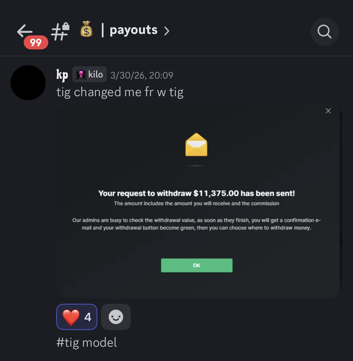Withdrawal request sent for $11,375.00