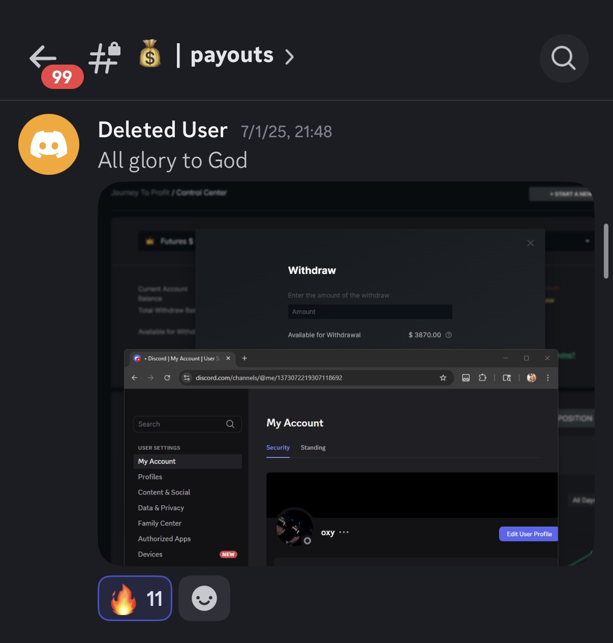 Discord payouts channel — Journey To Profit withdraw screen, $3,870 available