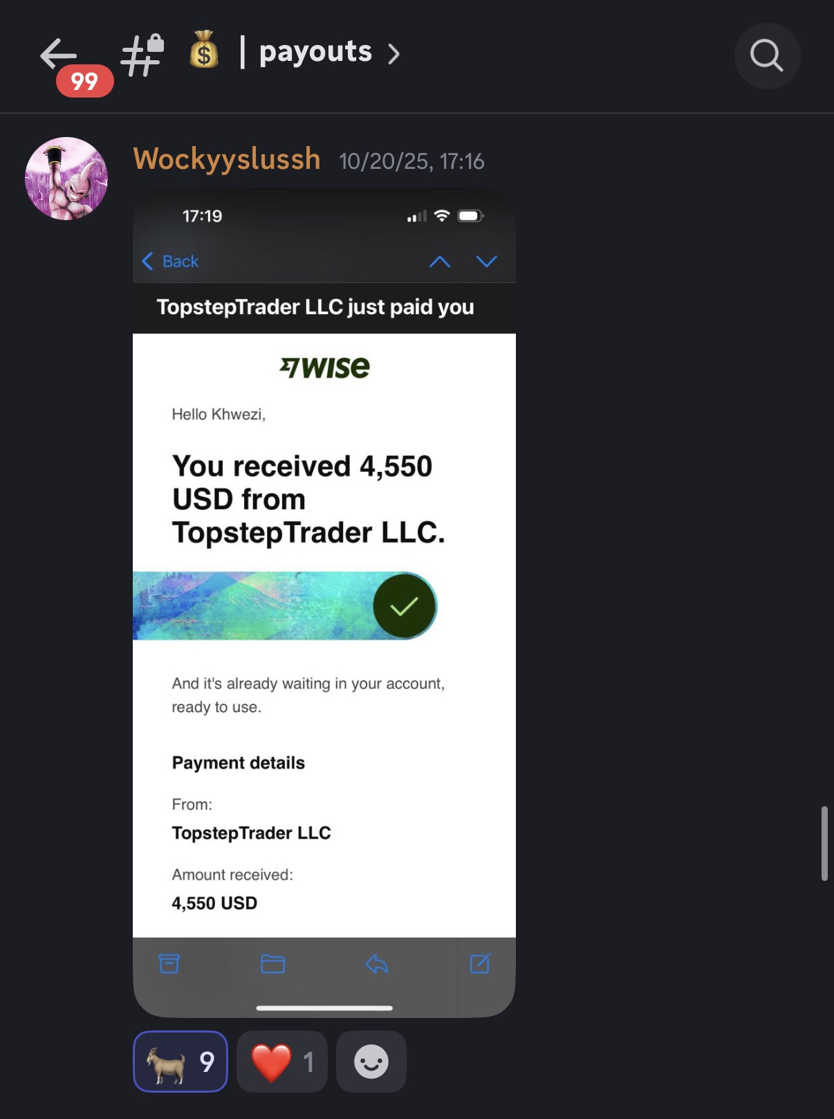Wise email — received 4,550 USD from TopstepTrader LLC