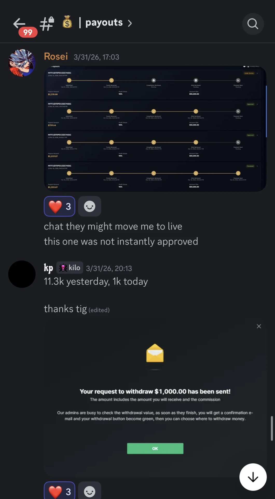 MyFundedFutures payout dashboard plus $1,000 withdrawal request sent