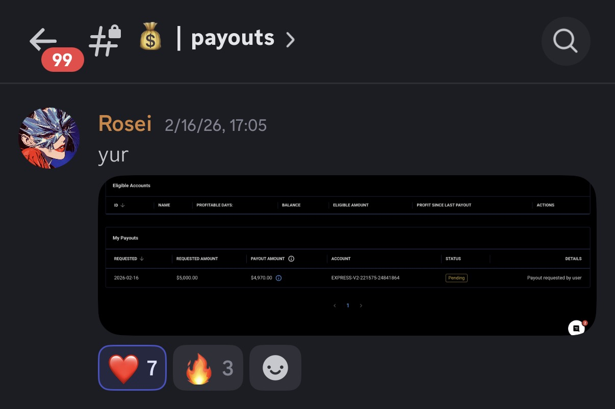 Payout dashboard — $5,000 requested, $4,970 payout pending