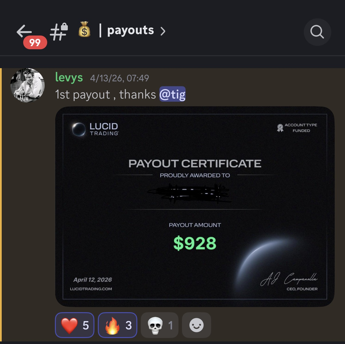 Lucid Trading payout certificate — $928 first payout