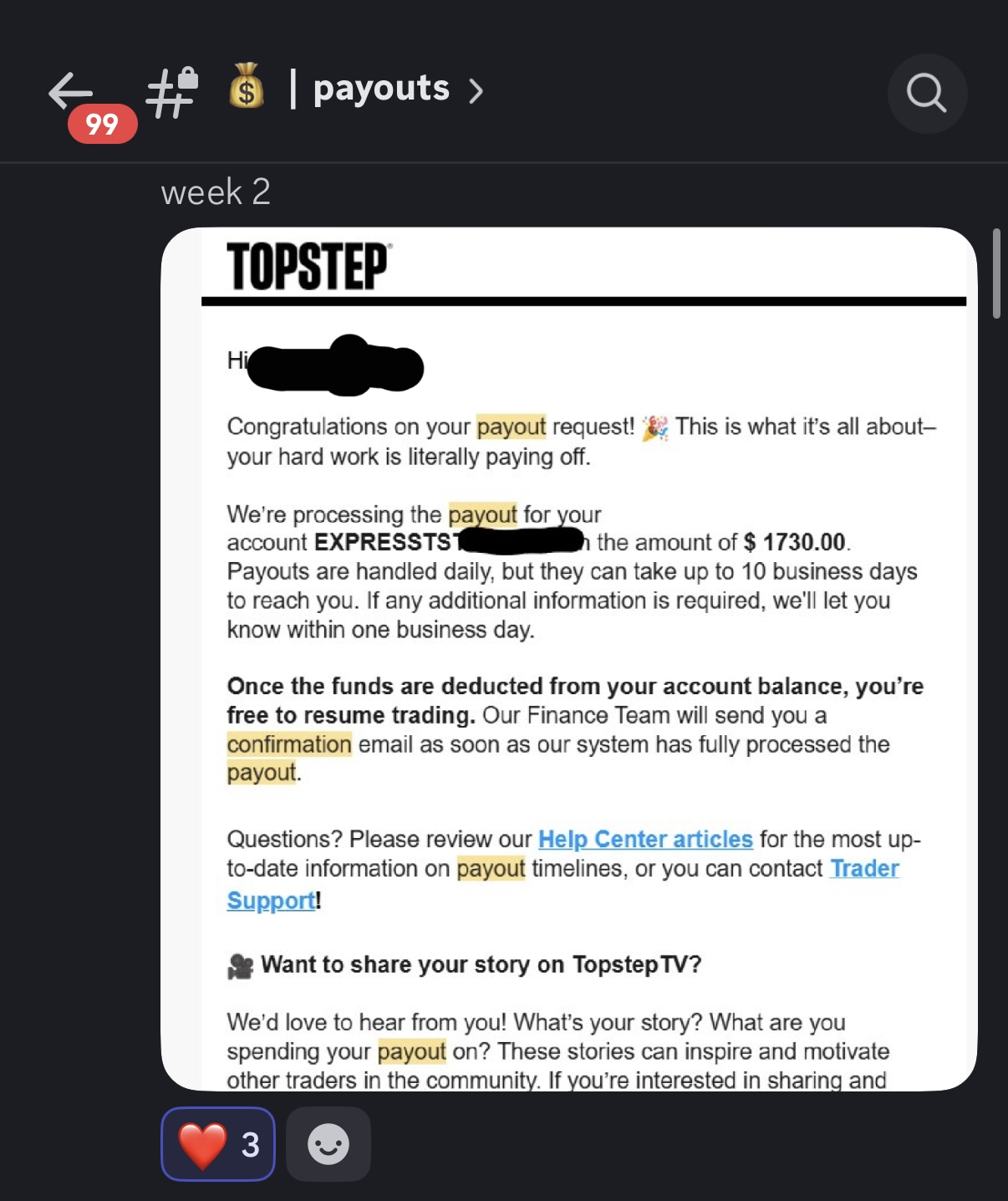 Week 2 — Topstep payout request confirmation for $1,730