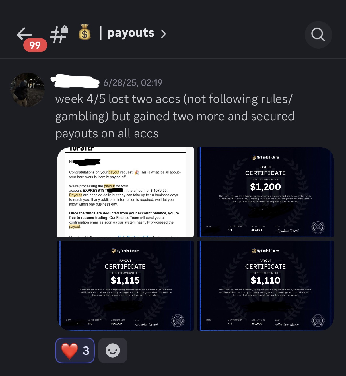Week 4/5 — Topstep payout email and three My Funded Futures certificates