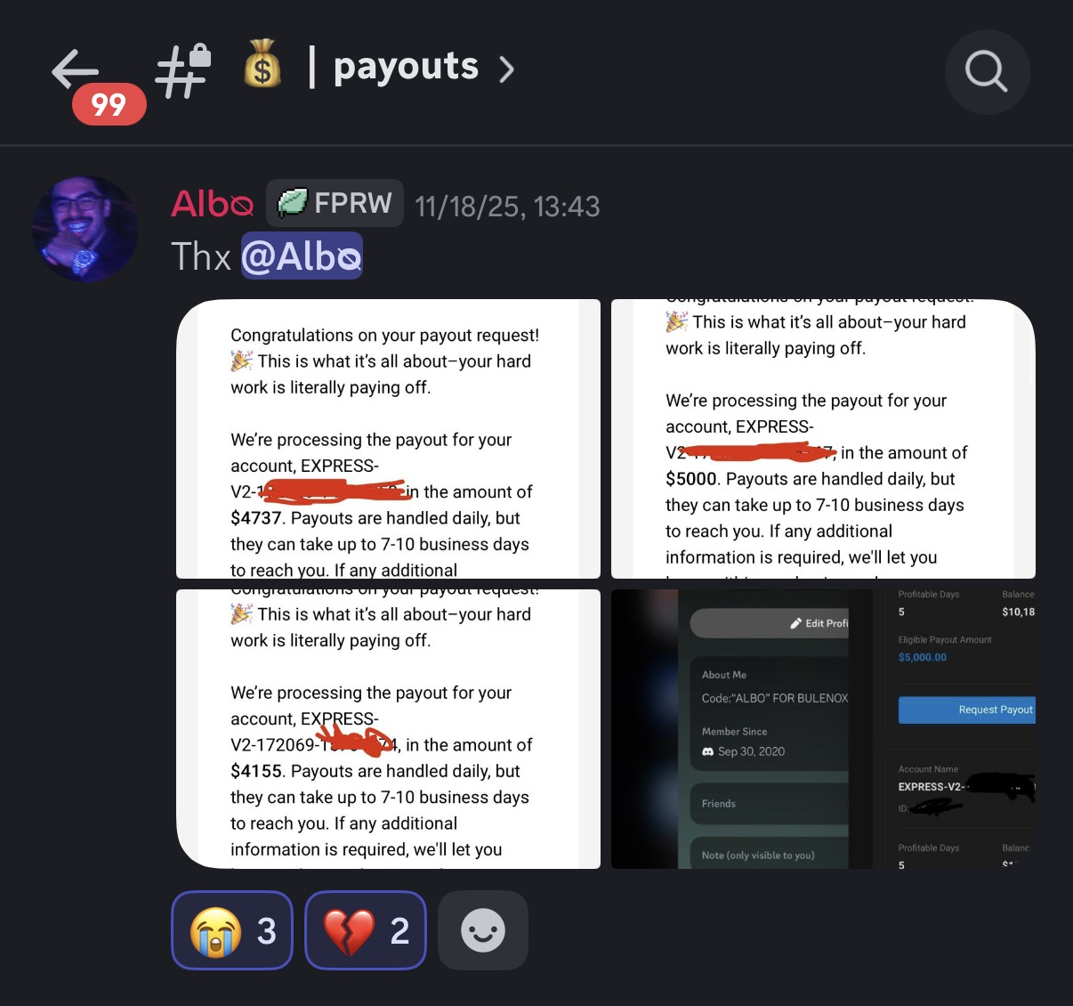 Payout confirmation emails — $4,737, $5,000 and $4,155