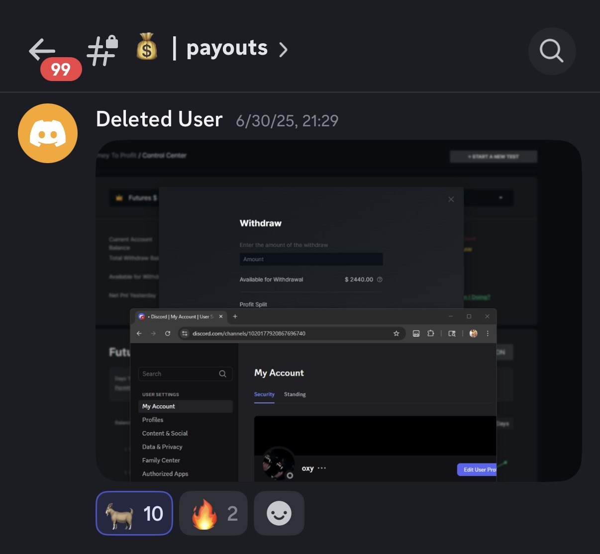 Discord payouts channel — withdraw screen, $2,440 available for withdrawal