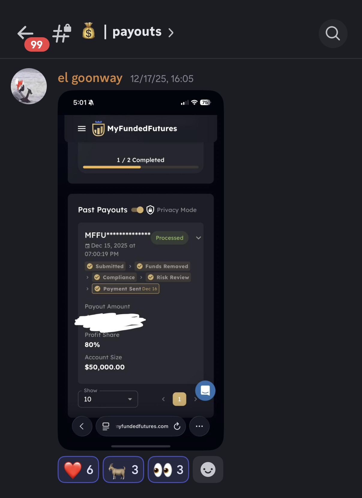 MyFundedFutures processed payout on a $50,000 account, 80% profit share
