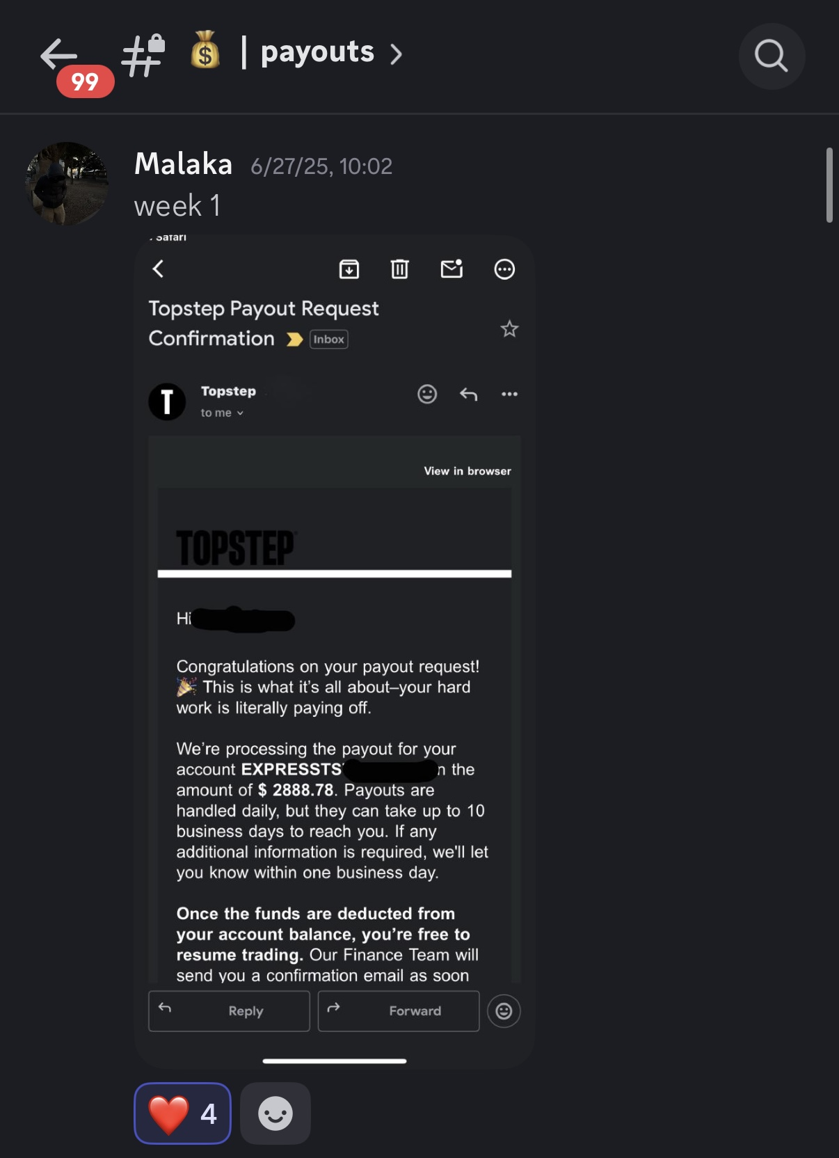 Week 1 — Topstep payout request confirmation for $2,888.78