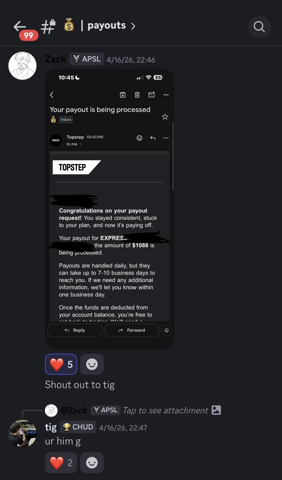 Discord payouts — Topstep email, $1,088 payout being processed