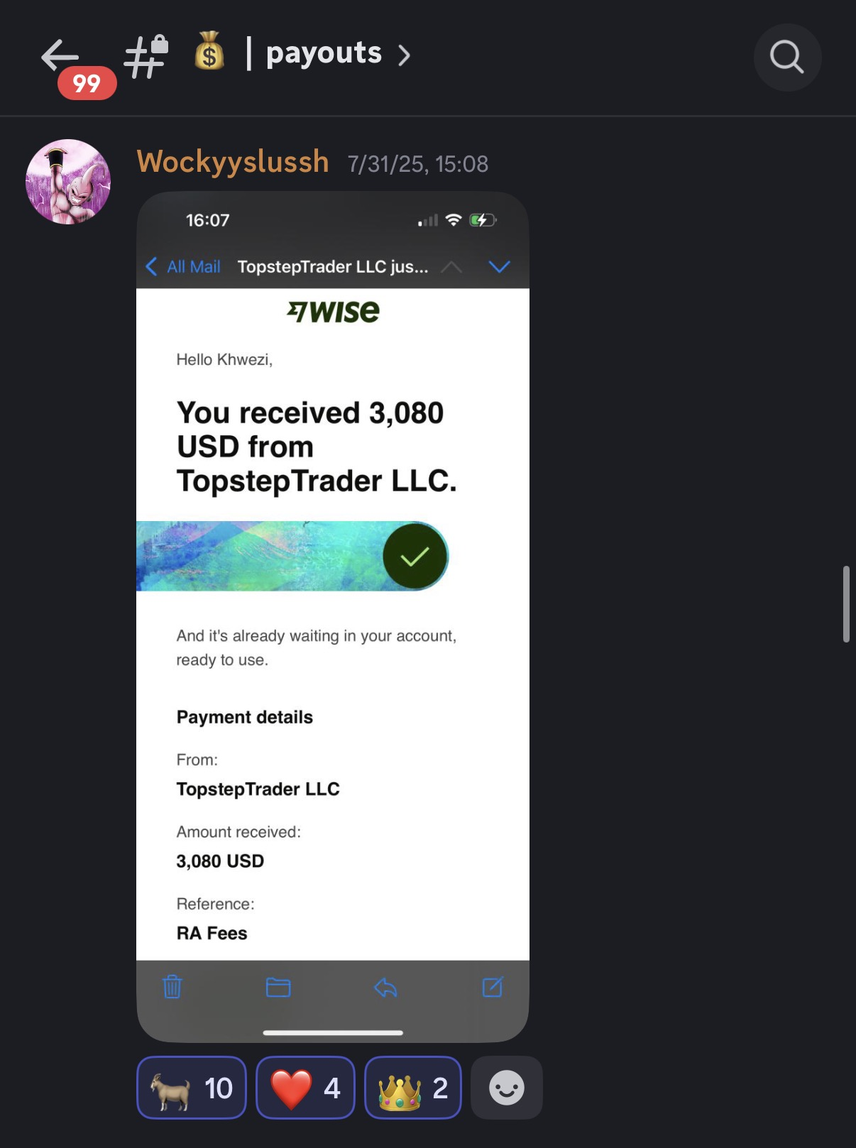 Wise email — received 3,080 USD from TopstepTrader LLC