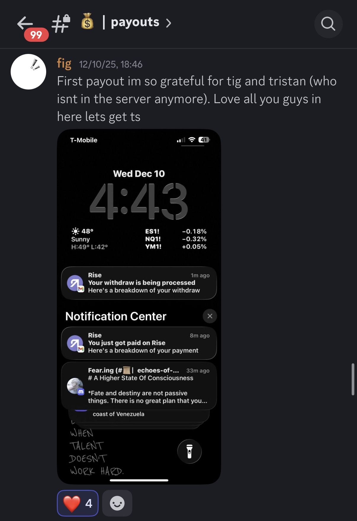 Rise notifications — withdraw processed and 'You just got paid'